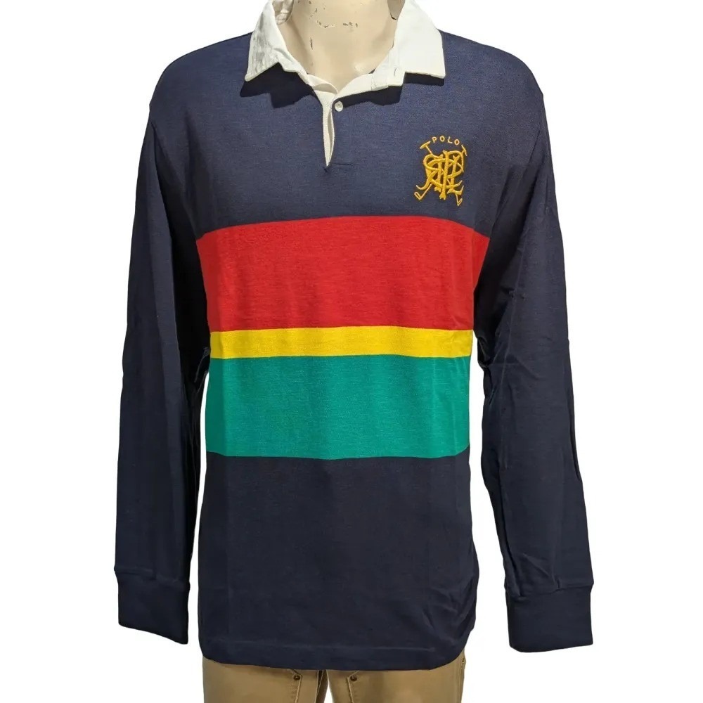 VTG Polo Ralph Lauren Crest Color Block Rugby Shirt Cotton Sz XXL Custom Fit NWT
